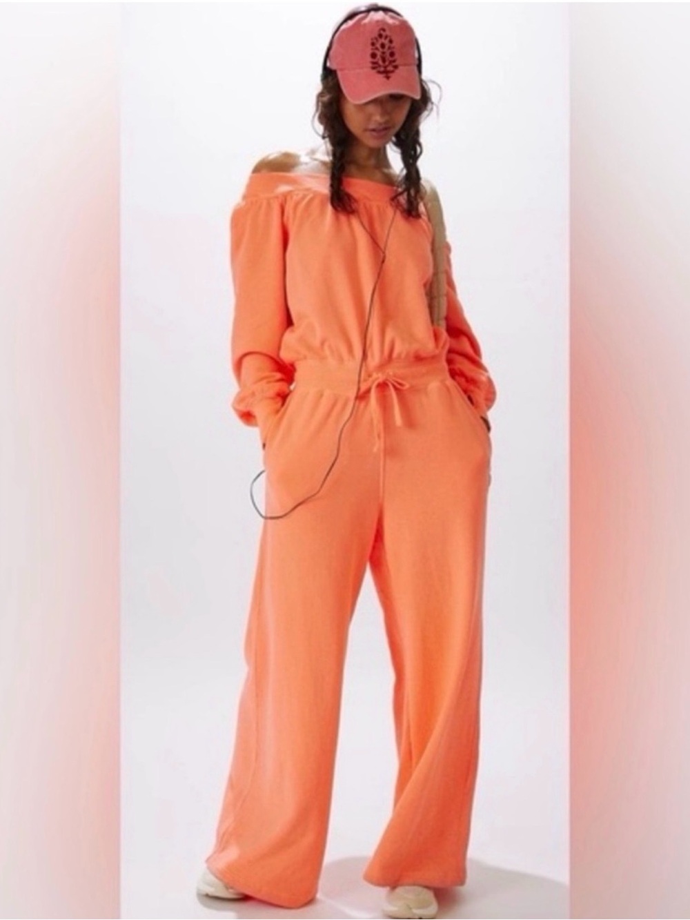 Free People Movement Off-Shoulder Coral Wide-Leg Jumpsuit